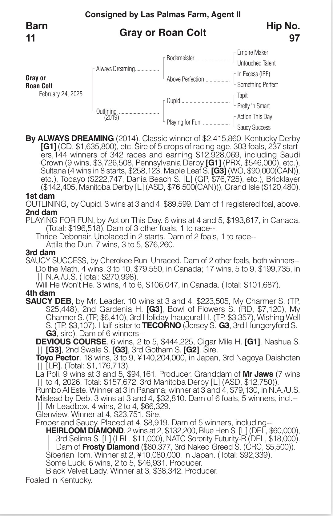 OBS October catalog page for Hip 97, a gray colt by Always Dreaming out of Outlining